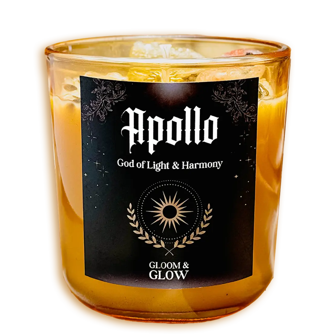 Pomarańczowa świeca ezoteryczna Apollo z naturalnego wosku sojowego z symbolem słońca.