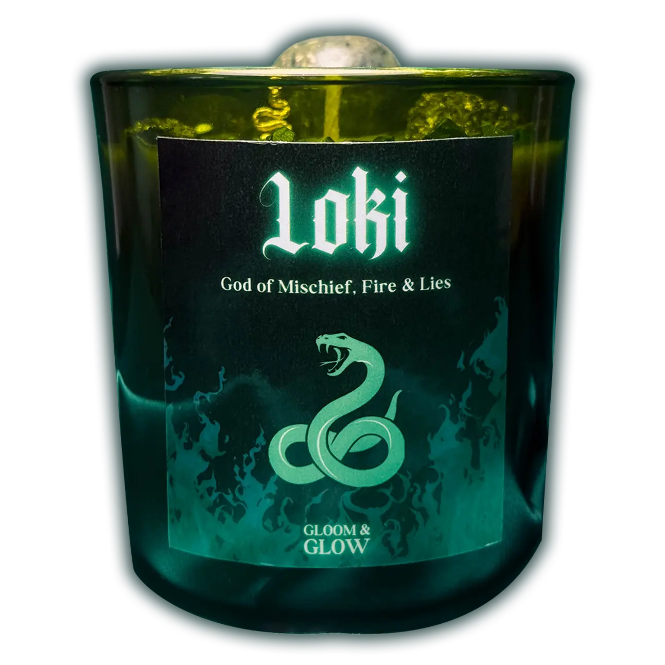 Zielona intencyjna świeca sojowa Loki z magicznym symbolem węża z kolekcji nordyckiej.